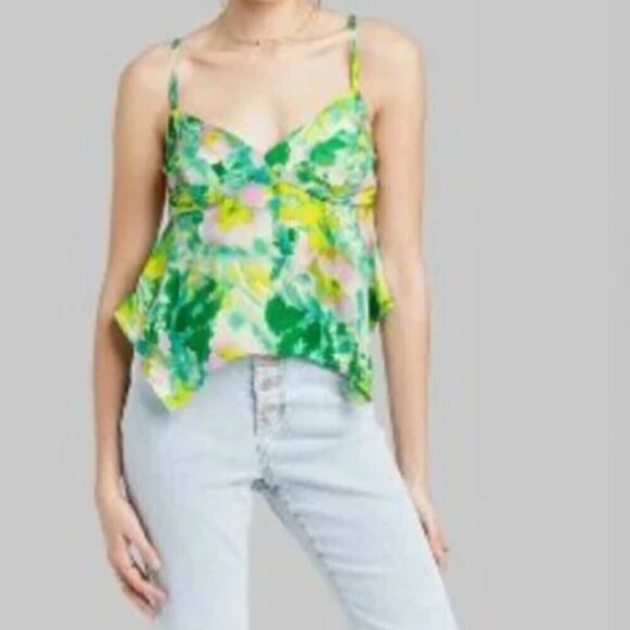 #76 Wild Fable Satin Handkerchief Hem Floral Tank in Green - Picture 1 of 6